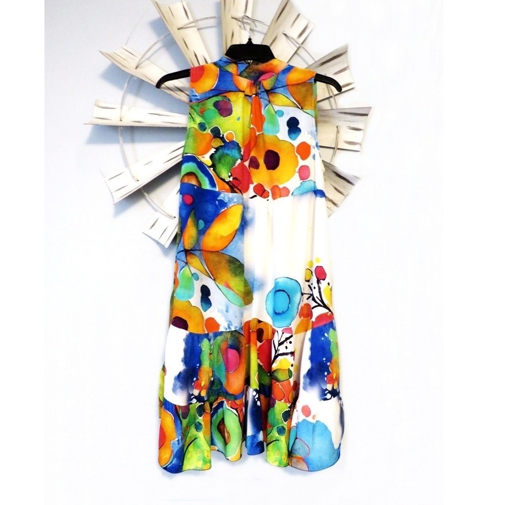 Colorful Watercolor Print Mini High Low Sleeveless Dress Abstract Print Small